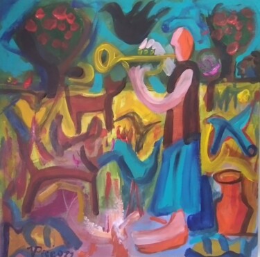 Pittura intitolato "Trompetista na quin…" da Vitor Pisco, Opera d'arte originale, Acrilico