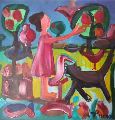 Pintura intitulada "Menina apanhando ro…" por Vitor Pisco, Obras de arte originais, Acrílico