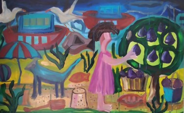 Malerei mit dem Titel "Algarve, mar e figos" von Vitor Pisco, Original-Kunstwerk, Acryl
