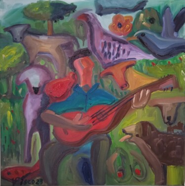 Painting titled "Tocando aos Bichos" by Vitor Pisco, Original Artwork, Oil