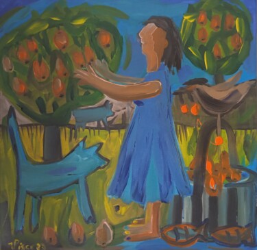 Pintura intitulada "Menina colhendo Nês…" por Vitor Pisco, Obras de arte originais, Acrílico