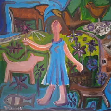 Painting titled "Menina colhendo Flo…" by Vitor Pisco, Original Artwork, Acrylic