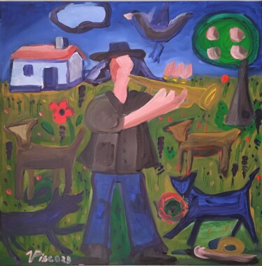 Schilderij getiteld "Pastor trompetista" door Vitor Pisco, Origineel Kunstwerk, Acryl