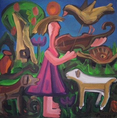 Peinture intitulée "Menina tocando viol…" par Vitor Pisco, Œuvre d'art originale, Acrylique