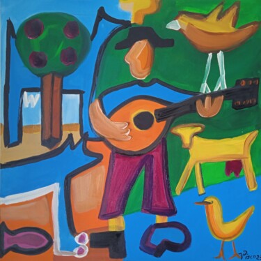 Schilderij getiteld "Pastor tocando guit…" door Vitor Pisco, Origineel Kunstwerk, Acryl