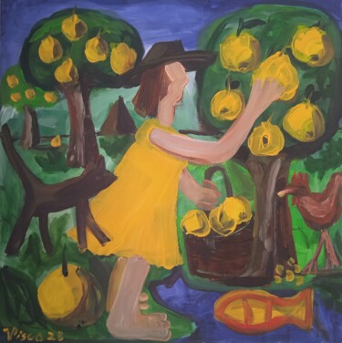 Painting titled "Menina apanhando ma…" by Vitor Pisco, Original Artwork, Acrylic