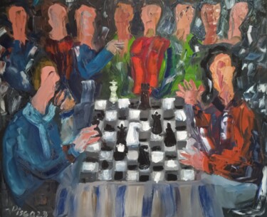 Schilderij getiteld "Campeonato de xadrez" door Vitor Pisco, Origineel Kunstwerk, Olie