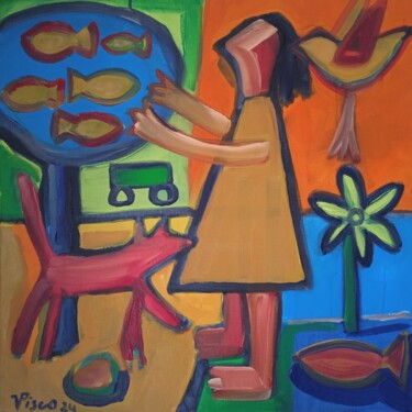 Malerei mit dem Titel "Peixinhos na árvore" von Vitor Pisco, Original-Kunstwerk, Acryl