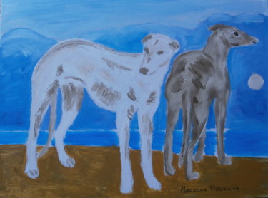 Pittura intitolato "Cani in ambientazio…" da Vittorio Magagna, Opera d'arte originale, Olio Montato su Altro pannello rigido