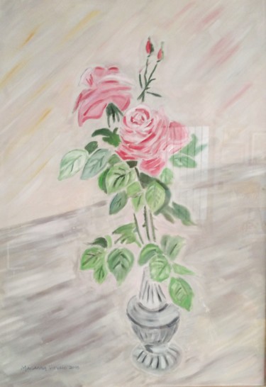 Painting titled "Vaso di rose 2" by Vittorio Magagna, Original Artwork, Oil Mounted on Wood Stretcher frame