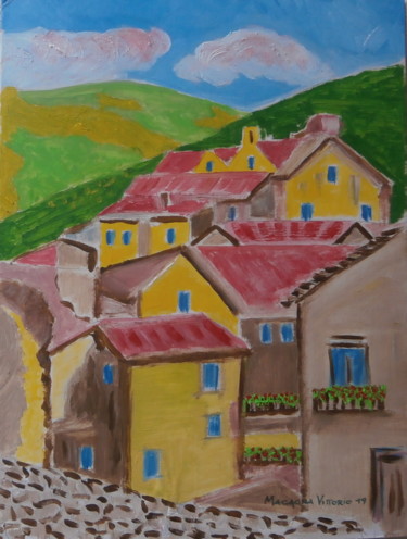 Painting titled "Borgo di montagna" by Vittorio Magagna, Original Artwork, Oil Mounted on Other rigid panel