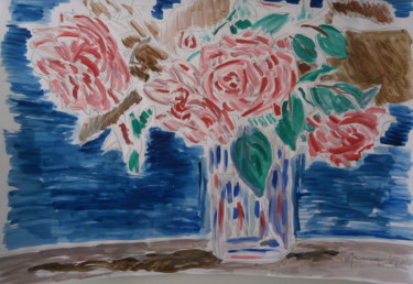 Pittura intitolato "rose nel vaso" da Vittorio Magagna, Opera d'arte originale, Acquarello