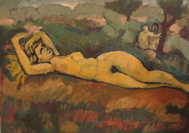 Pittura intitolato "Nudo sull'erba, 1981" da Vittorio Paradisi, Opera d'arte originale, Olio