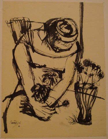 Disegno intitolato "Interno con figura,…" da Vittorio Paradisi, Opera d'arte originale