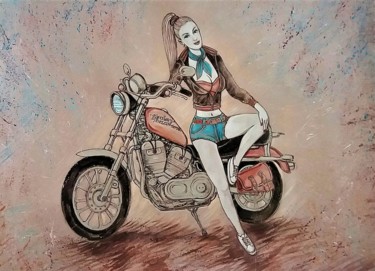 Drawing titled "Girl with Harley" by Vittorio Zocco, Original Artwork, Acrylic