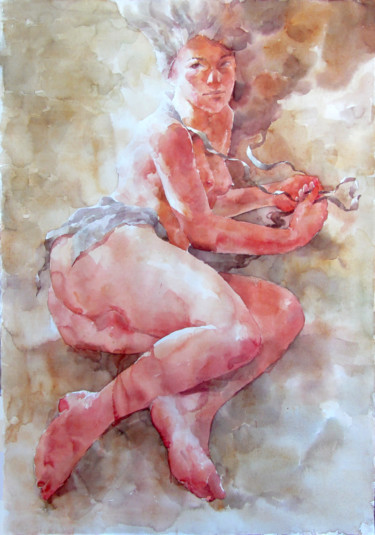 Painting titled "Nude Ocher" by Vitya Zakharchenko, Original Artwork, Watercolor