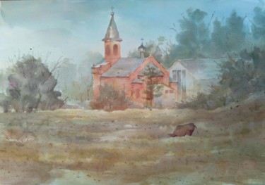 Peinture intitulée "Church near Pokrovka" par Vitya Zakharchenko, Œuvre d'art originale, Aquarelle