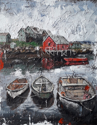 Картина под названием "Boats by the shore…" - Alex Ziev, Подлинное произведение искусства, Акрил