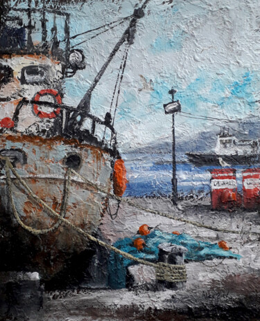 Картина под названием "Fishing boat at the…" - Alex Ziev, Подлинное произведение искусства, Акрил