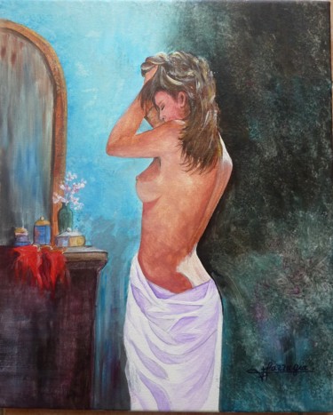 Peinture intitulée "Jeune femme à sa to…" par Viviane Farrugia, Œuvre d'art originale, Acrylique