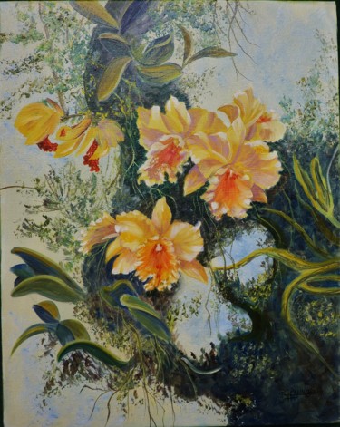 Painting titled "ORCHIDEES JAUNES" by Viviane Farrugia, Original Artwork, Oil