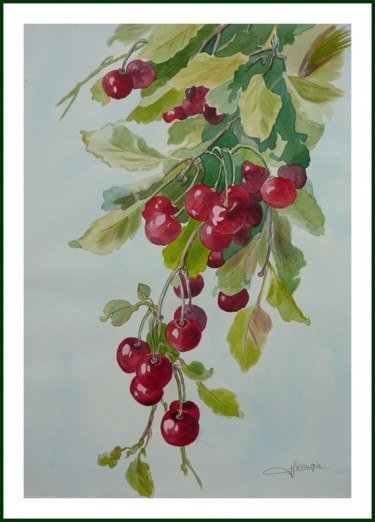 Painting titled "BRANCHE DE CERISES" by Viviane Farrugia, Original Artwork, Watercolor