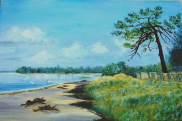 Painting titled "PLAGE DES QUINCONCE…" by Viviane Farrugia, Original Artwork, Acrylic Mounted on Wood Stretcher frame