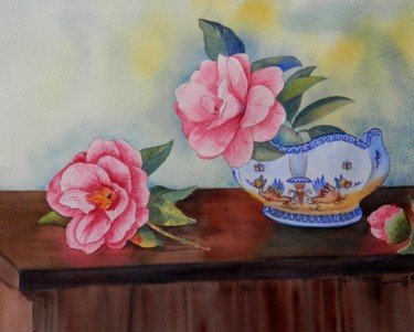 Peinture intitulée "camelias roses" par Viviane Farrugia, Œuvre d'art originale, Aquarelle