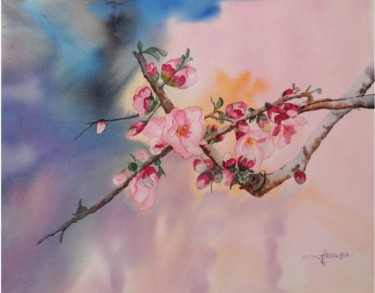 Peinture intitulée "pommier du japon" par Viviane Farrugia, Œuvre d'art originale, Aquarelle