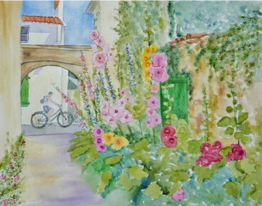 「Roses tremieres - I…」というタイトルの絵画 Viviane Farrugiaによって, オリジナルのアートワーク, 水彩画