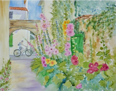 Painting titled "Roses tremieres - I…" by Viviane Farrugia, Original Artwork, Watercolor