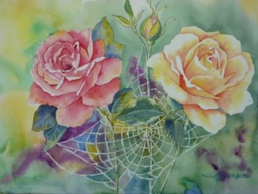 Peinture intitulée "ROSES et TOILE" par Viviane Farrugia, Œuvre d'art originale, Aquarelle
