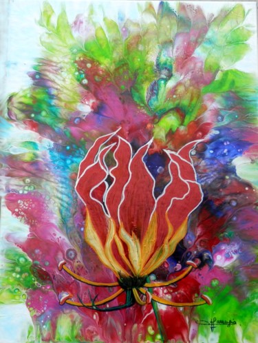 Peinture intitulée "fleur-tropicale" par Viviane Farrugia, Œuvre d'art originale, Acrylique