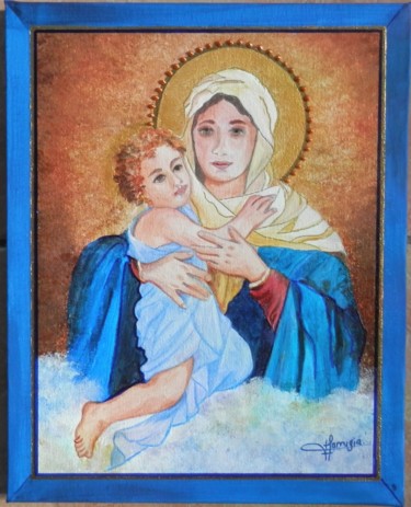 Painting titled "VIERGE à L'ENFANT" by Viviane Farrugia, Original Artwork, Acrylic