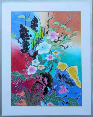 Painting titled "FLEURS et PAPILLONS" by Viviane Farrugia, Original Artwork, Acrylic Mounted on Wood Stretcher frame