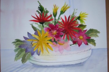 Painting titled "Bowl of dahlias" by Viv De Boo, Original Artwork
