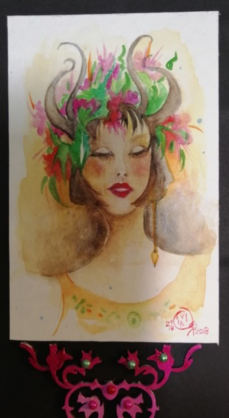 Painting titled "GAIA" by Vivi Osto, Original Artwork, Watercolor Mounted on Other rigid panel
