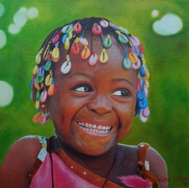 Painting titled "African Girl" by Vívian Lima, Original Artwork, Oil Mounted on Wood Stretcher frame