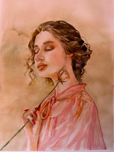 Painting titled "Lady with rose" by Vivian Narduzzi, Original Artwork, Watercolor