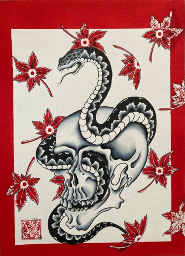 Malarstwo zatytułowany „Skull & snake” autorstwa Viviana Bellanza, Oryginalna praca, Akwarela