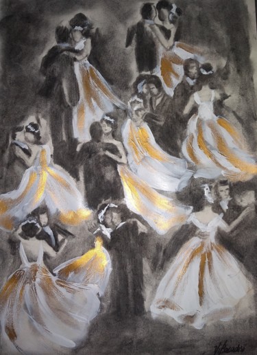 Pintura intitulada "" Baile dourado "" por Vi Bacadisi, Obras de arte originais, Carvão