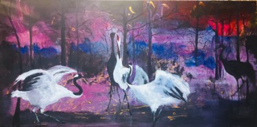 Painting titled "Les grues" by Viviane Dufour, Original Artwork, Acrylic Mounted on Wood Stretcher frame