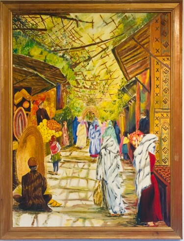 Painting titled "Le marché" by Viviane Dufour, Original Artwork, Oil Mounted on Wood Stretcher frame
