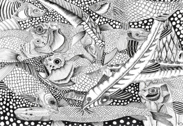Zeichnungen mit dem Titel "Les poissons" von Viviane Thelen, Original-Kunstwerk, Tinte
