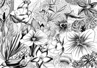 Tekening getiteld "Les fleurs" door Viviane Thelen, Origineel Kunstwerk, Inkt