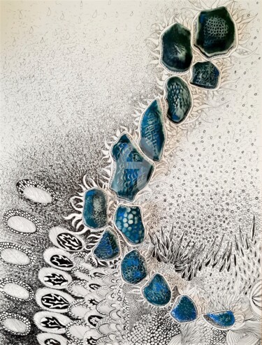 Drawing titled "Coquillages" by Viviane Thelen, Original Artwork, Ink Mounted on Wood Stretcher frame