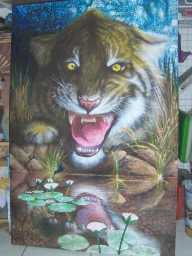 Painting titled "Tiger, Humming Bird…" by Viviano, Original Artwork, Oil