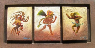Painting titled "A tryptich of Aztec…" by Viviano, Original Artwork, Oil