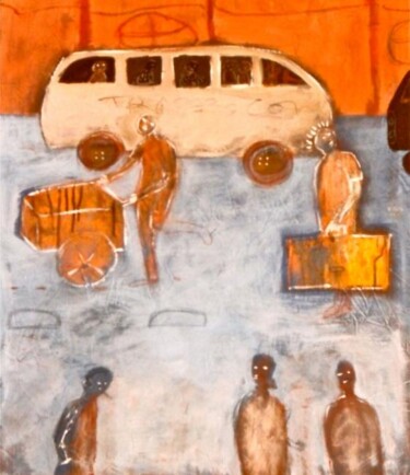 Peinture intitulée "gare  routiére" par Vivien Tapsoba, Œuvre d'art originale, Huile
