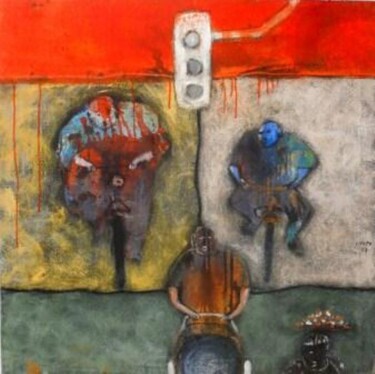 Painting titled "a vélo" by Vivien Tapsoba, Original Artwork, Acrylic